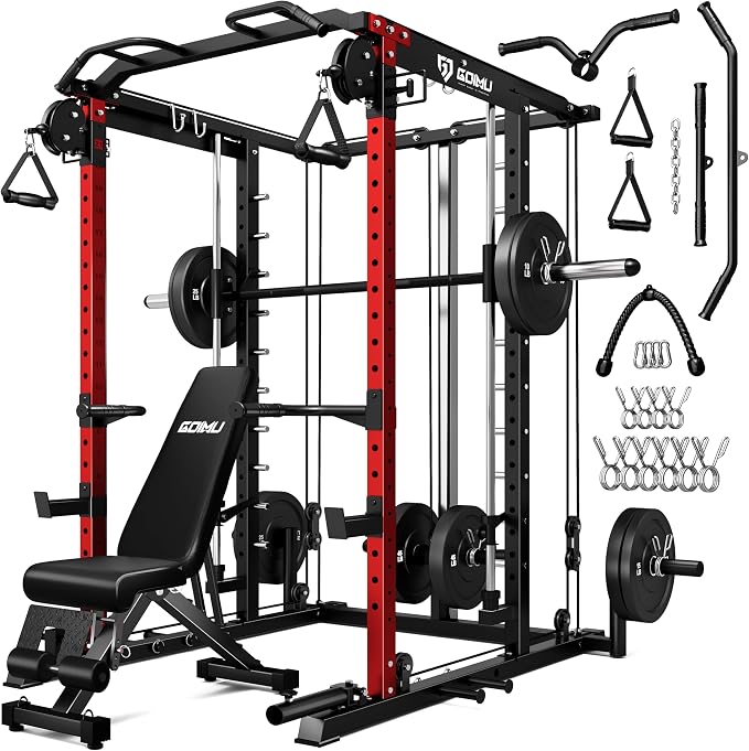 S1-V4 Smith Machine, 2000LBS Power Cage with Cable Crossover System, All-in-One Squat Rack with Smith Bar, Strength Training Equipment for Home Gym