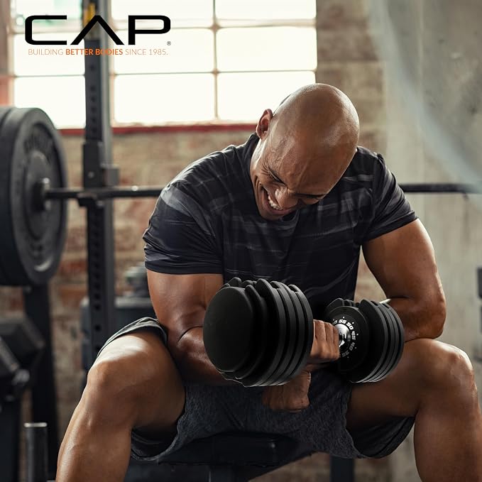 CAP ADJUSTABELL Adjustable Dumbbell Set, Premium Quick Select Adjustable Weights for Strength Training, Singles & Pairs, 12.5 LB, 25 LB & 55 LB, Round & Hex Dumbbells, Multiple Grip Handle Options
