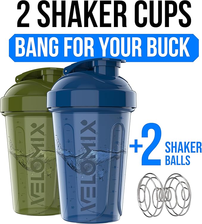 VELOMIX 2 Pack 20oz Protein Shaker Bottle for Protein Mixes, Green/Blue | 2x Wire Whisk, Leak Proof Shaker Cups for Protein Shakes, Stackable, Dishwasher safe, BPA free, Pre Workout and Fitness ready