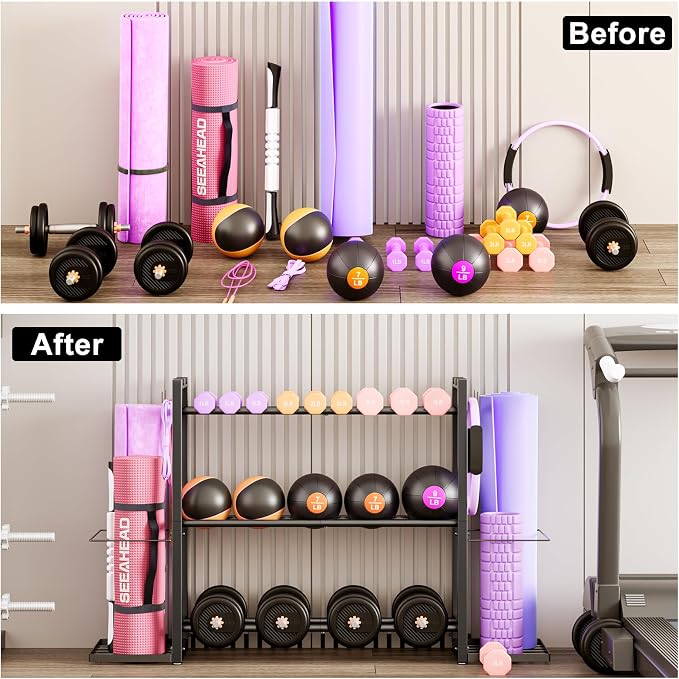 Adjustable Dumbbell Rack for Home Gym, Heavy-Duty Metal Stand | Adjustable 3-Tier Weight Rack Stores Dumbbells, Kettlebells and Yoga Mat, While Keeping Workout Accessories Neatly Organized