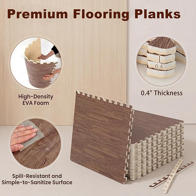 Giantex 25 Pcs Faux Wood Grain EVA Foam Tiles, 24"x24" Interlocking Floor | 100 Sq. Ft Puzzle Exercise Mats with 50 Borders, 0.4" Thick Waterproof Anti-Slip Flooring for Home Gym, Basement, Dark Walnut