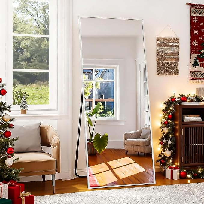 BEAUTYPEAK Full Length Mirror with Stand, 56"x21" Floor Mirror, Silver | ShatterVue Tempered Full Body Mirrors with Aluminum Alloy Thin Frame, Standing or Wall-Mounted Mirrors for Living Room