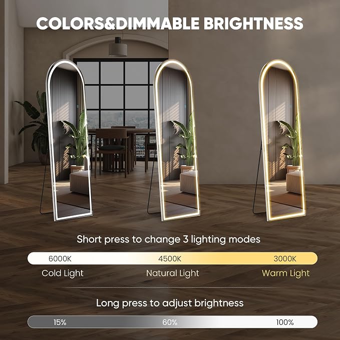 OLIXIS 16"x60" Arched Full Length Mirror with Lights, Body Mirror | Standing Floor, 3 Color Modes, Wall Mounted, Bedroom Bathroom Entryway, Tempered Glass