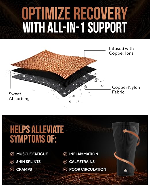 TheraCopper Copper Calf Compression Sleeve — Premium Copper Compression Shin Sleeve for Men & Women — Breathable & Non-Slip Leg Sleeves for Runners, Shin Splints, Muscle Recovery & Leg Fatigue (X-Large)