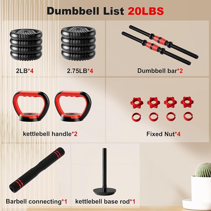 Adjustable Dumbbell Set,20/30/45/70/90lbs Free Weight with Connector | 5 in1 Dumbbells Set Used as Barbell, Kettlebells, Push up Stand,Weight Plate, Fitness Exercises for Home Gym