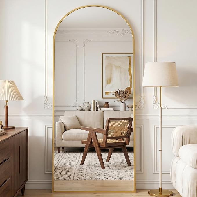 71"x28" Arched Full Length Mirror with Stand, Free Standing Leaning Wall Mounted Aluminum Alloy Frame Mirror for Bedroom Living Room Cloakroom, Gold
