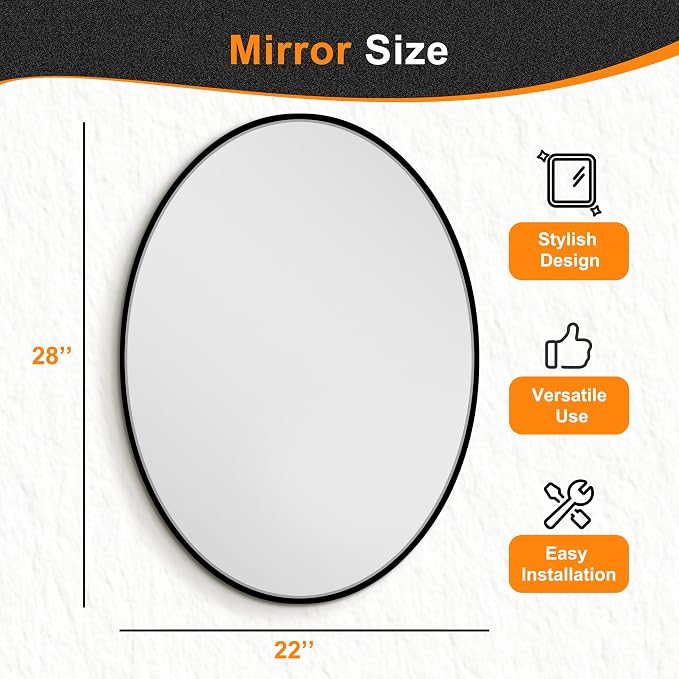 Oval Bathroom Vanity Mirror for Wall, 28''x22'' Black Oval Bathroom Mirror for Over Sink, Bedroom, Living Room, Entryway, HD Tempered Glass, Wall Mounted Horizontally or Vertically