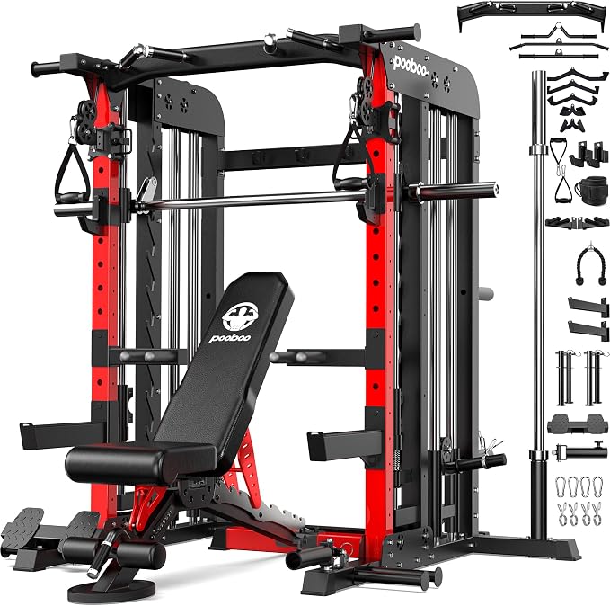 pooboo Multi-Functional Machine Power Cage, 2000LB Squat Rack, LAT-Pull Down System, Dual Pulley Cable Crossover System, Home Gym Workout Machine with Strength Training Attachments
