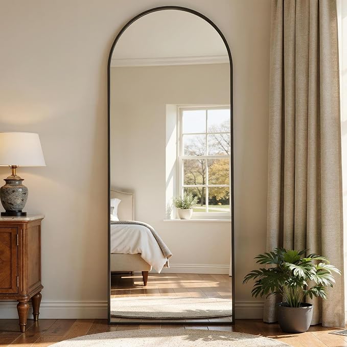 58"x18" Arched Full Length Mirror with Stand, Free Standing Leaning Wall Mounted Aluminum Alloy Frame Mirror for Bedroom Living Room Cloakroom, Black