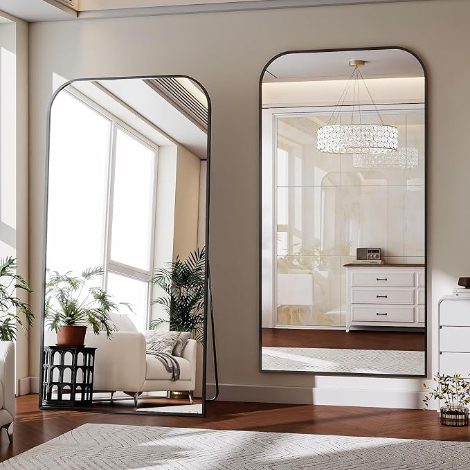 Oversized Full Length Mirror 76"x34" Arched Floor Standing Mirror | Large Full Body Mirrors with Stand - with Aluminum Frame for Bedroom Living Room, Black