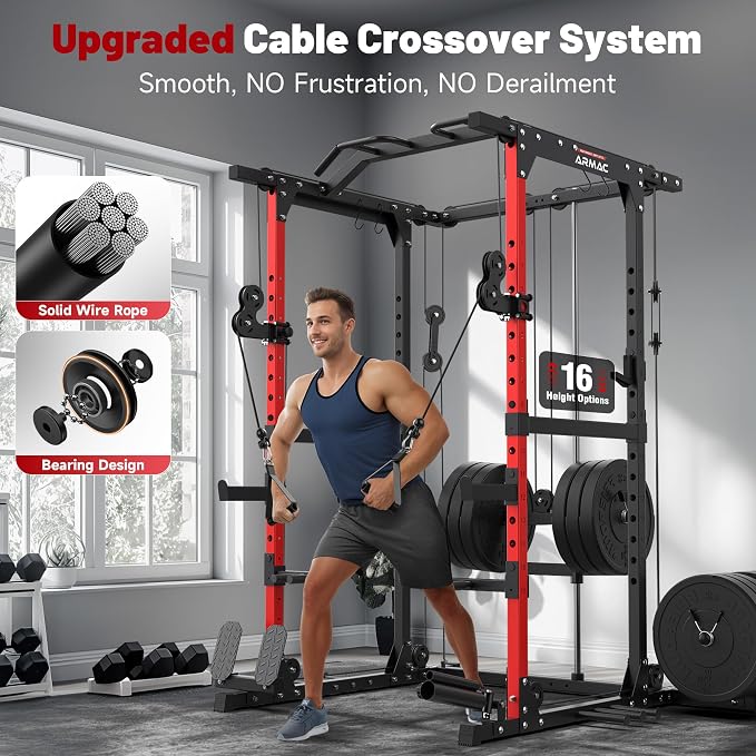 SPORTSROYALS Power Rack, Multi-Functional Power Cage, Squat Rack with Pulley System & LAT Pull Down, Workout Cage with J Hooks for Home Gym