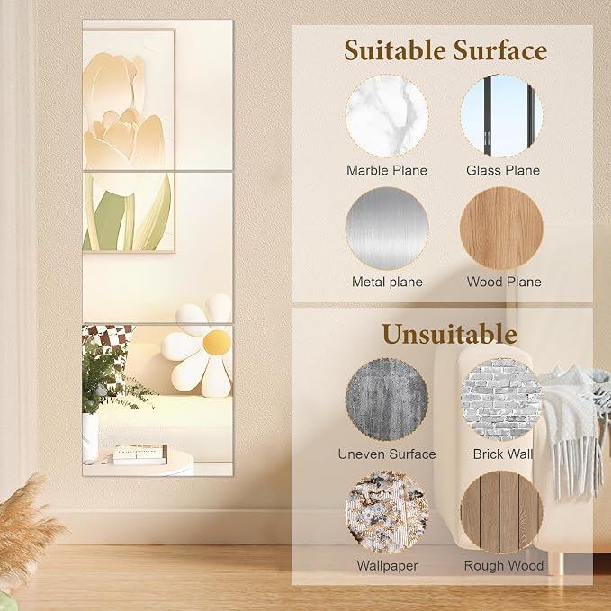 20x20 in Acrylic Mirror Sheet for Wall, 2.5mm Plastic Wall Mirror | Non Glass Body Mirror Tile with Adhesive Tapes, Modern Decorative Square Wall Mirror for Bathroom Bedroom Home Gym Door Decor