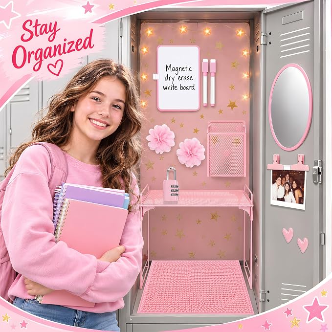 16 PCS Locker Accessories for Girls Magnetic Locker Decorations Kit with Shelf Mirror Whiteboard Pen Holder Rug Wallpaper Lights Locker Organizer Set for School Dorm Room Office Gym (Pink)