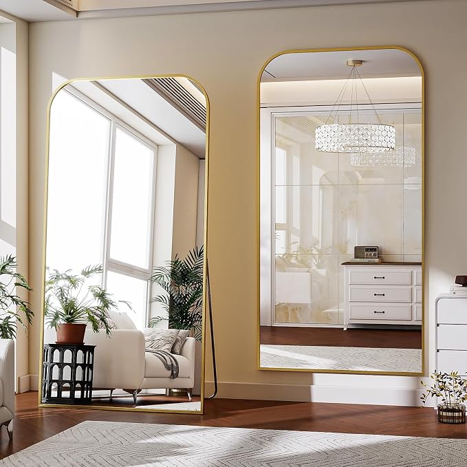 Oversized Full Length Mirror 76"x34" Arched Floor Standing Mirror | Large Full Body Mirrors with Stand - with Aluminum Frame for Bedroom Living Room, Gold