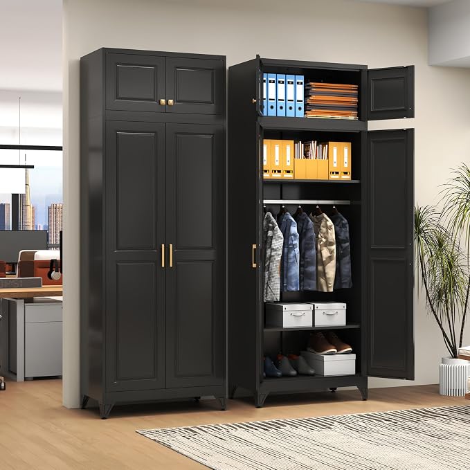 Polup 15" High Black Metal Wall Cabinet, Overhead Closet Storage Unit | Modular Steel Top Extension for 71" Armoire Wardrobe, 2 Doors, 180lbs Capacity Single Space, Mounting Hardware for Bedroom