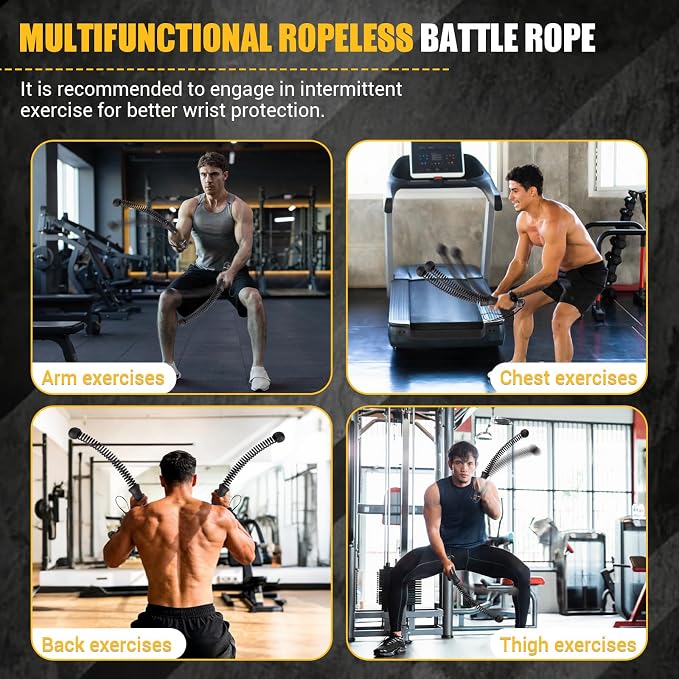 Ropeless Battle Rope for Home Gym with Non-Slip Handle for Wrist Protection | Upgraded Heavy Duty Portable Cordless Battle Ropes with Poster, Exercise Rope for HIIT and Low-Impact Aerobic Training