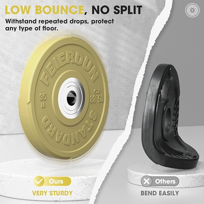 FEIERDUN Color Bumper Plate Set, 2-Inch Olympic Weight Plates, Low Bounce Rubber Barbell Plates with Stainless Steel Insert for Weightlifting, Strength Training, CrossFit & Home Gym, 10LB-370LB