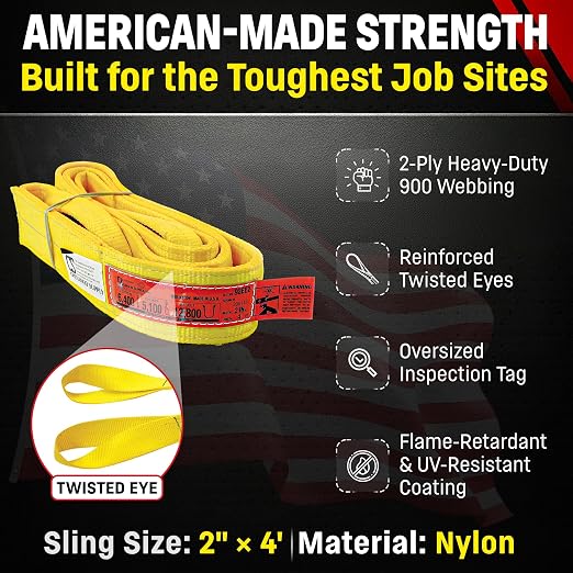 DD Sling (USA Made). 2" wide X (4' to 20' lengths) in Listing! 2 Ply Twisted Eye, Nylon Lifting Slings, Eye & Eye, Heavy Duty (900 webbing), 6,400 lbs Vertical, 5,100 Choker, 12,800 Basket Load Capacity (2inX4ft)