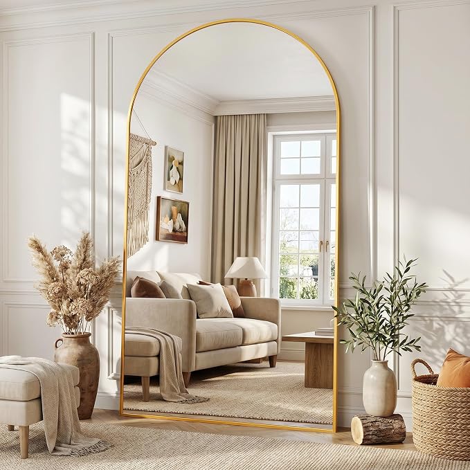 Full Length Mirror, 86"x46" Arched Floor Mirror Freestanding, Floor Standing Full Body Mirror with Stand for Bedroom, Hanging Mounted for Living Room Cloakroom, Gold