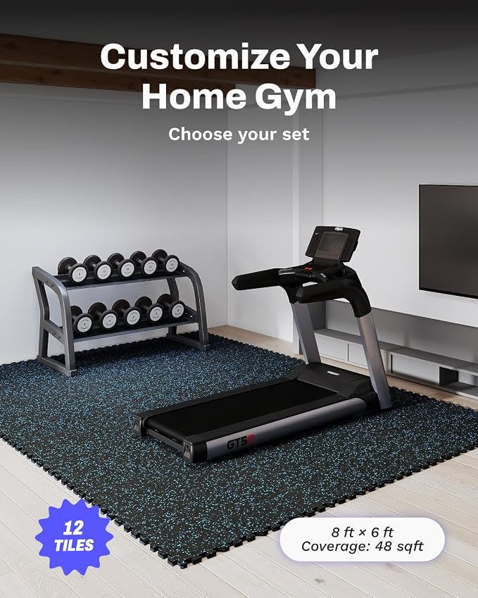 AIRHOP 0.56in Thick 48 Sq Ft Exercise Equipment Mats, 12 Tiles Upgraded Rubber Top with High Density EVA Foam, Large Interlocking Puzzle Gym Flooring for Home Gym, Heavy Weight Workout,Black & Blue