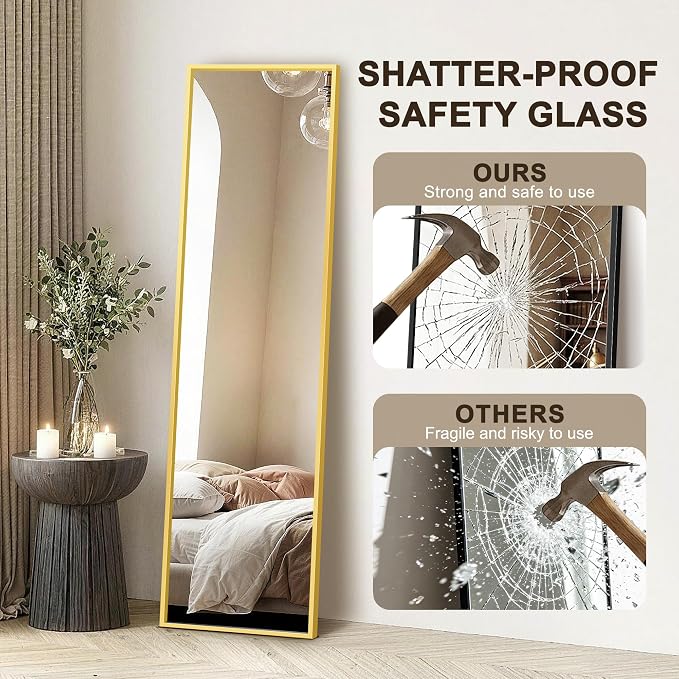 FICTOR Full Length Mirror with Stand, Floor Standing Mirror, 56"x15", Gold | HD Shatterproof Glass, Free-Standing or Wall-Mounted, Full Body Mirror for Bedroom, Living Room, Dressing Room, Entryway
