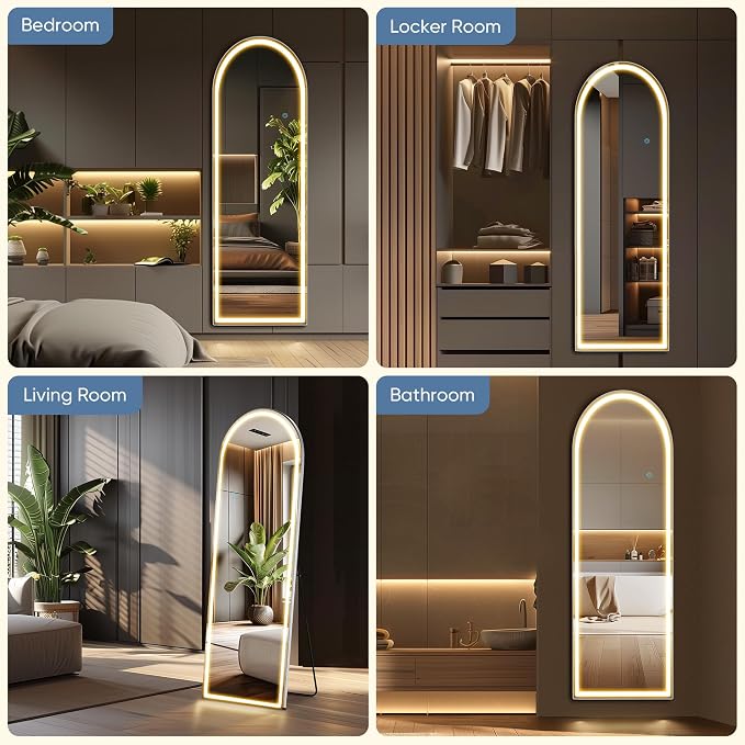 OLIXIS Arched Full Length Mirror with Lights, 20x 63 | Lighted Floor Full Body Mirror with 3 Color Lighting, Wall Mounted Mirrors for Bedroom, Entryway with Tempered Glass