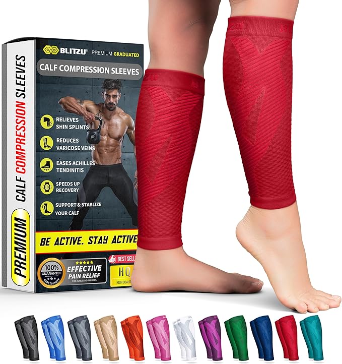 BLITZU Calf Compression Sleeves, Footless Compression Socks for Men & Women | Leg Support Brace, Shin Splint Pain Relief, Reduce Varicose Vein Swelling, Muscle Recovery, Running, Nursing, Fitness, Travel