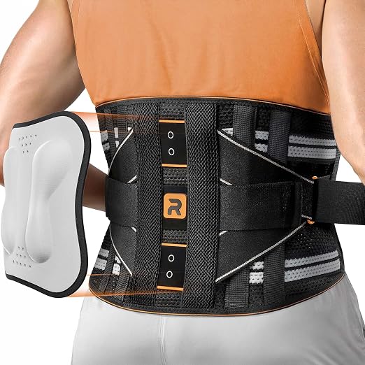 Rakiie Lower Back Brace for Women, Back Belt Support for Men with 8 Stays, Soft Lumbar Support with Full Protection, Orange Size L