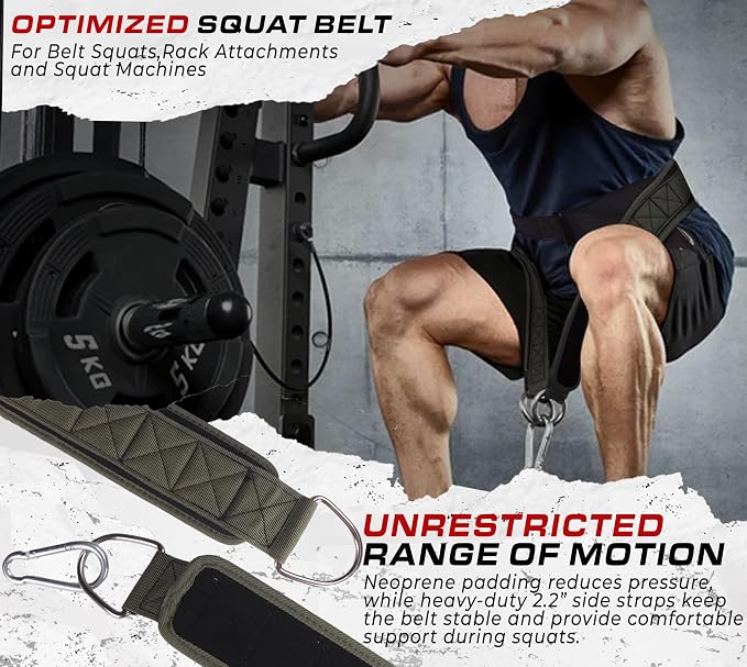 Belt for Belt Squats, Rack Attachment & Squat Machine, Weight Lifting&Powerlifting – Back Support, Low-Profile, Padded Hip & Thigh, Secure Buckle, Heavy Duty