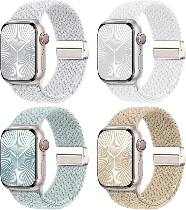 4 Pack Braided Stretchy Bands Compatible with Apple Watch 40mm 41mm 38mm 42mm 44mm 45mm 46mm 49mm Women Men, Breathable Nylon Elastic Daily Use Straps for iWatch Series 11/10 9 8 7 6 5 4 3 SE/Ultra 2