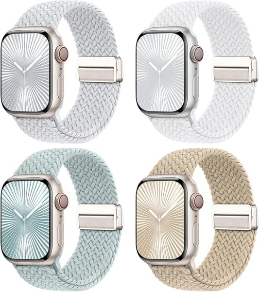 4 Pack Braided Stretchy Bands Compatible with Apple Watch 40mm 41mm 38mm 42mm 44mm 45mm 46mm 49mm Women Men, Breathable Nylon Elastic Daily Use Straps for iWatch Series 11/10 9 8 7 6 5 4 3 SE/Ultra 2