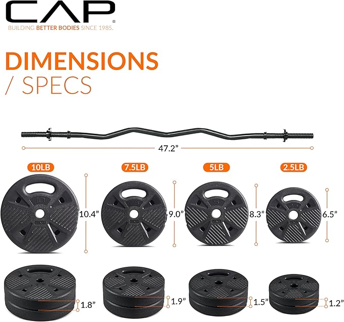 CAP Barbell Threaded Curl Bar Set with 50 LB Cement Grip Weight Plates | EZ Curl Bar with Threaded Collars for Strength Training & Home Gym Workouts