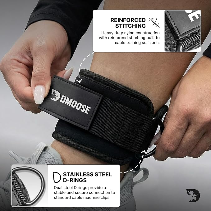 DMoose Ankle Strap for Cable Machine - One Size Fit with Premium Padding, Workout Kickback Ankle Cuffs, Ankle Bands for Working Out, Booty Workouts, Leg Extension, Hip Abductors & Lower Body Exercises