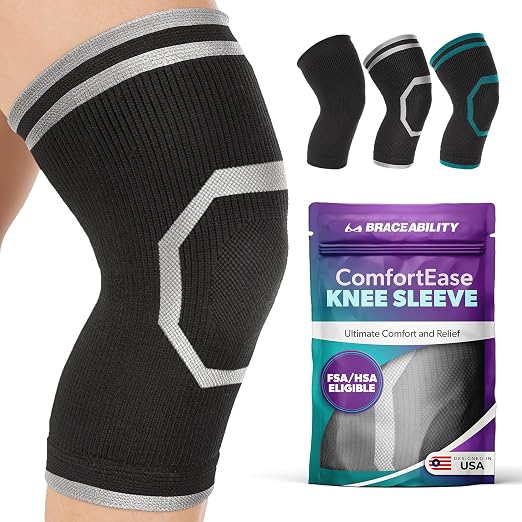 BraceAbility Knee Compression Sleeve for Women and Men - ComfortEase Knee Pain Brace Support for Arthritis, Swelling, Joint Stiffness, Recovery, All-Day Comfort and Relief (M - Black/Gray)