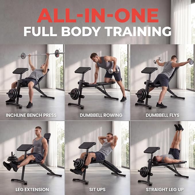 OPPSDECOR Adjustable Weight Bench with Leg Extension and Preacher Curl Pad | Foldable Workout Bench, 10 Positions Incline Decline Flat Full Body Home Gym Strength Training, 800 lbs Capacity Bench Press