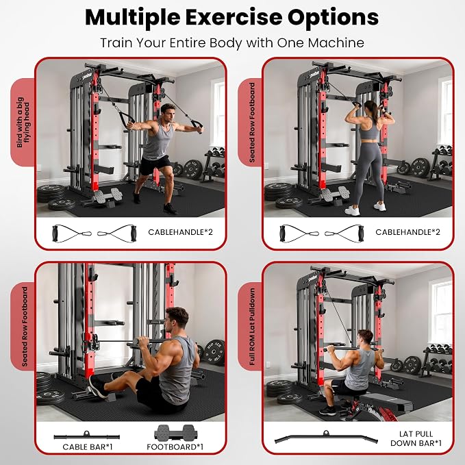 pooboo Multi-Functional Machine Power Cage, 2000LB Squat Rack, LAT-Pull Down System, Dual Pulley Cable Crossover System, Home Gym Workout Machine with Strength Training Attachments