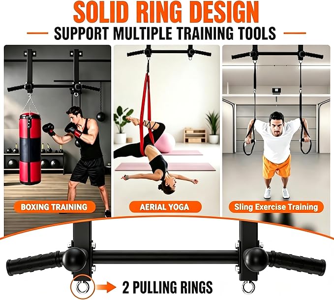 Joist Mounted Pull Up Bar, 650LB Load, Fit 16" Ceiling Beam Spacing | Multi-Grip with Finger Balls, 2 Suspension Rings, Fit Solid Concrete and Wood Mount, Home Gym, Garage & Basement