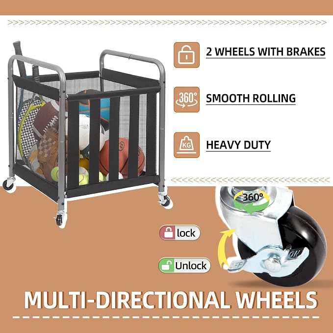 STORAGE MANIAC Ball Storage Bin Rolling Sports Ball Cart, Metal Garage Organizer Sport Rack Basketball Storage Cage for Garage or Gym, Indoor & Outdoor Sports Equipment Organizer