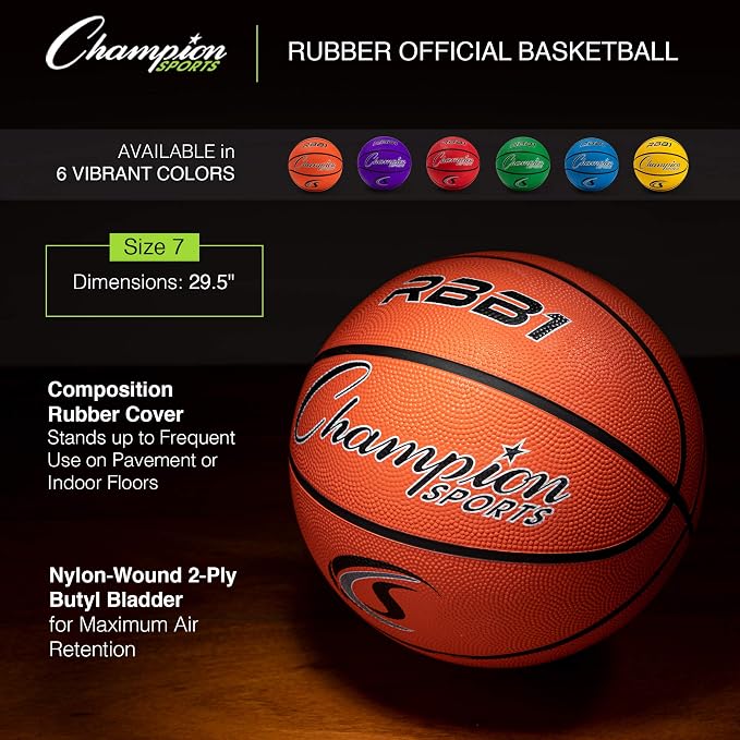 Champion Sports Rubber Basketballs – Durable Indoor & Outdoor Training & Recreational Game Balls, Multiple Sizes & Colors