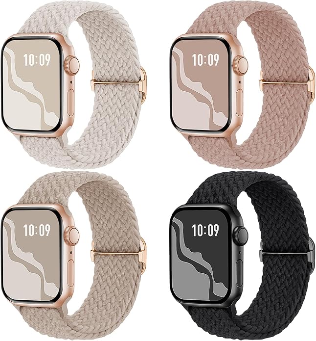 4 Pack Braided Stretchy Bands Compatible with Apple Watch 40mm 41mm 38mm 42mm 44mm 45mm 46mm 49mm Women Men, Breathable Nylon Elastic Daily Use Straps for iWatch Series 11/10 9 8 7 6 5 4 3 SE/Ultra 2