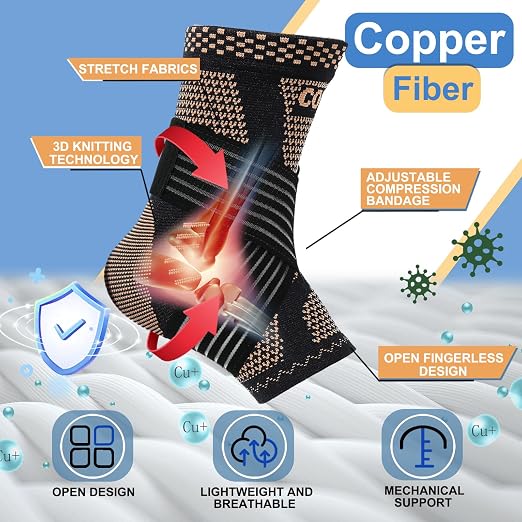 LISEPWU Copper Ankle Brace with Adjustable Compression Bandage, Ankle Support Compression Sleeve for Men & Women, for Foot Pain, Sprained Recovery, Achilles Tendonitis, Sports Protection(Black XL)