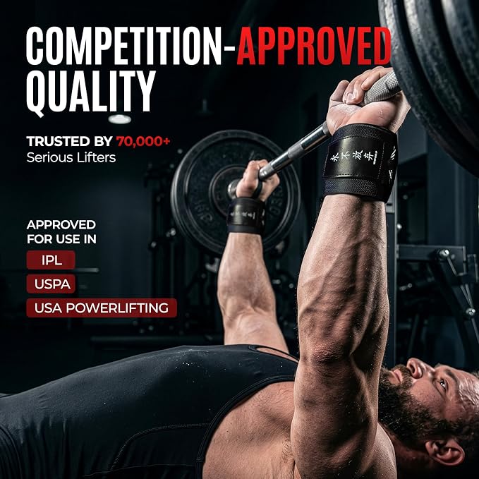 Katamu Never Give Up Premium Wrist Wraps for Weightlifting — 18 Inch | Cotton Wrist Support with Thumb Loop for Powerlifting, Bodybuilding and Bench Press, Pair