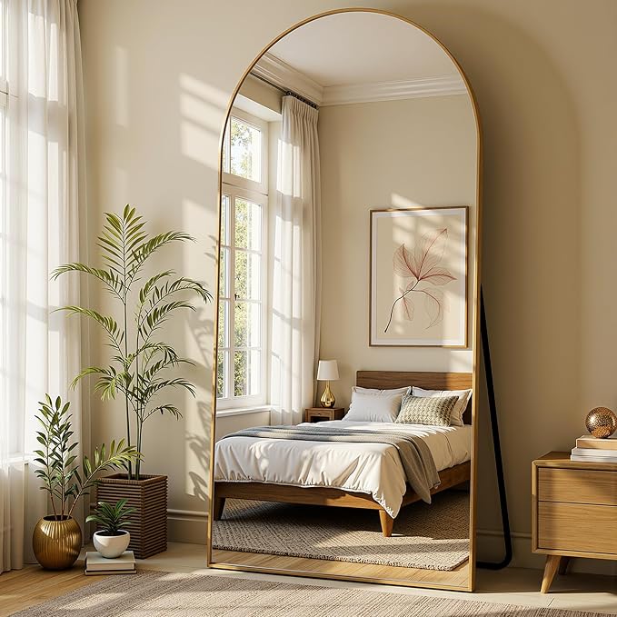 Floor Mirror, 76"x34" Oversized Full Length Mirror with Stand, Arched Full Body Mirror Standing Hanging Leaning Against Wall, Aluminum Frame Giant Mirrors for Bedroom Cloakroom, Gold