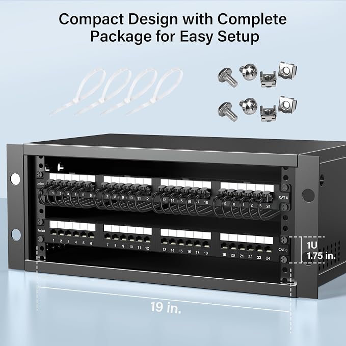 Jadaol 24 Port Patch Panel 10Gbps Rackmount Punch Down Network Panel | 110 IDC, 50μ Gold Plated RJ45 Contacts, PoE/PoE+/PoE++ Compatible, Cat6 1U RJ45 Ethernet Panel for 19-inch Racks/Cabinets