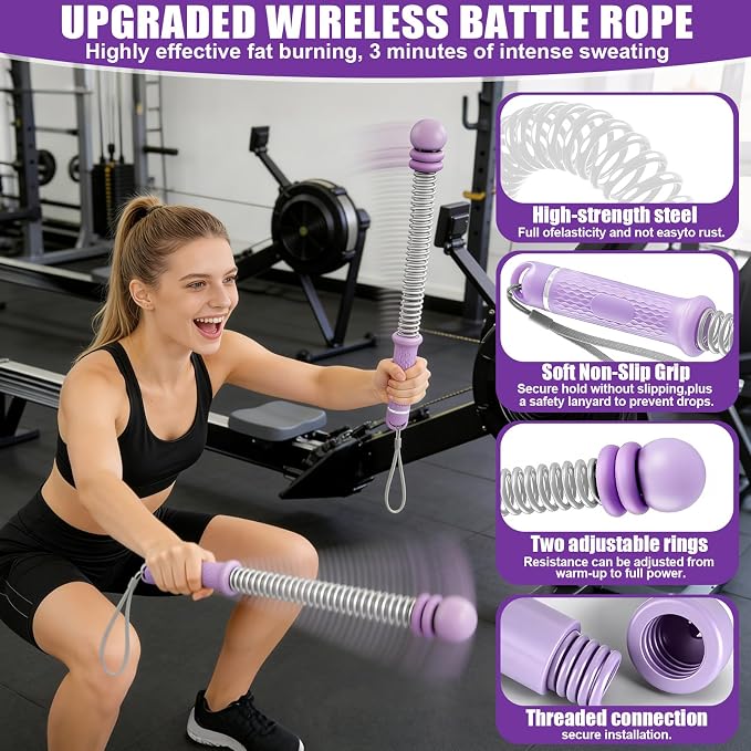 2PCS Portable Ropeless Battle Ropes, Adjustable Weight Cordless Battle Rope, Anti-Slip Handle Portable Battle Ropes, Suitable for Low-Impact Exercise, Strength Training, Unisex (Taro Purple)