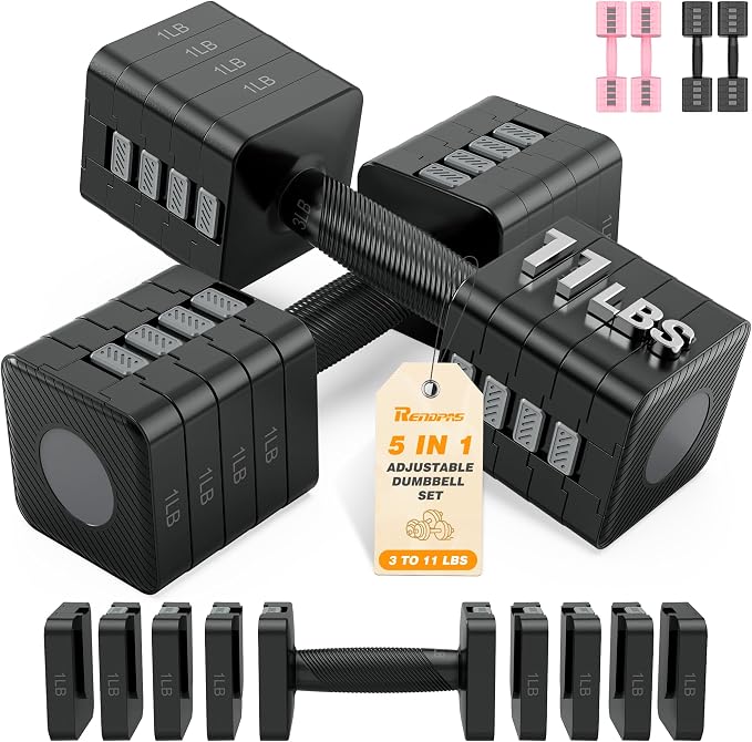 Rendpas Adjustable Dumbbell Set of 2, 10lb & 22lb Pairs (5lb/11lb Each) | Anti-Slip No-Roll Handle Weights, Bench Combo Option for Home Gym, Pilates & Strength Training