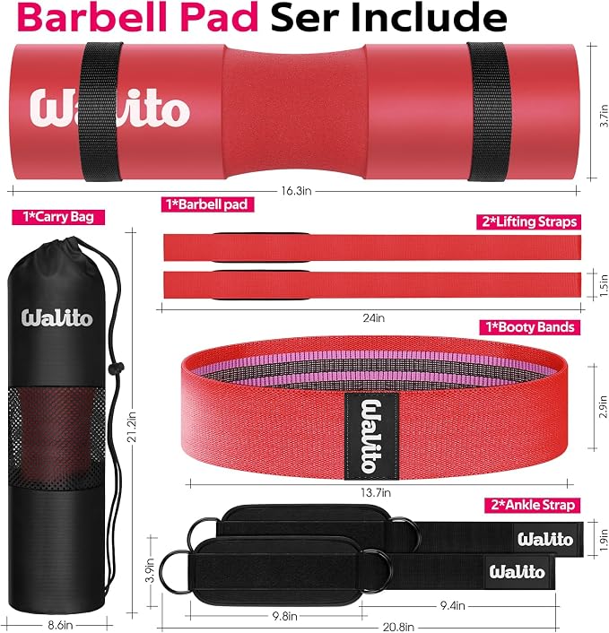 WALITO 8Pcs Barbell Pad Set for Hip Thrust - Squat Pad,Gym Accessories for Women with Bar Bad,Bench Press, with Gym Ankle Straps,Resistance Bands for Working Out,Lifting Strap,Carry Bag