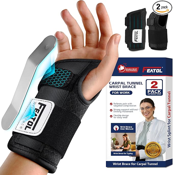 FEATOL 2 Pack Carpal Tunnel Wrist Brace For Work With Wrist Splint, 6.5'' Hand Brace Night Support For Women Men, Pain Relief For Tendonitis, Arthritis, Pregnancy, Typing, Right and Left Hand, Small