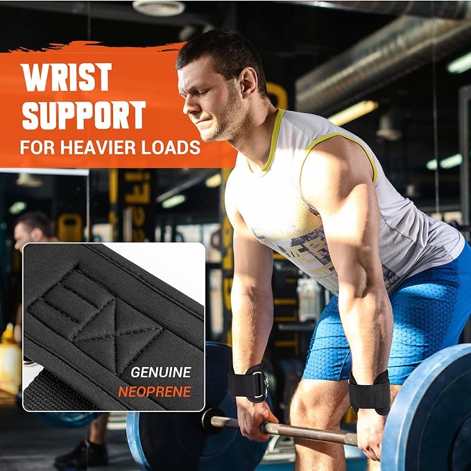 2 In 1 Weight Lifting Strap for Men,Heavy Duty Gym Wrist Strap with D Rings | 8mm Neoprene Padded Non-Slip Lifting Wrist Wraps for Weightlifting, Deadlifting, Cable Machine Workouts & Pull-Ups
