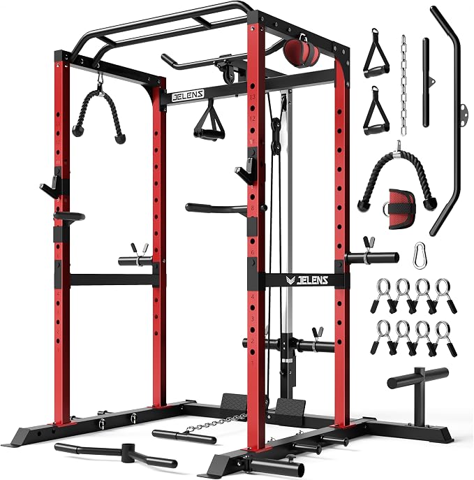 JELENS S21 Power Cage, Multi-Function Power Rack with Adjustable Cable Crossover System, 2000LBS Squat Rack for Home Gym with More Training Attachments